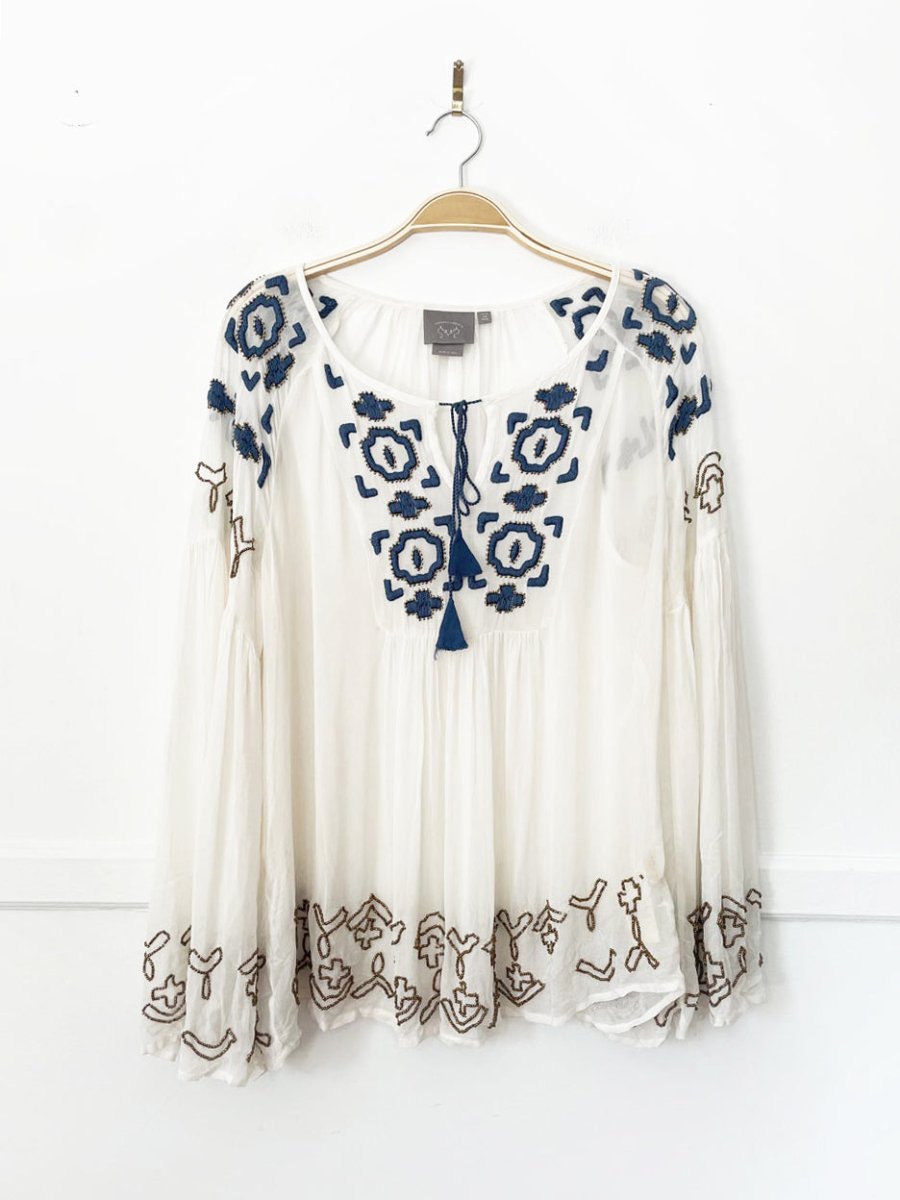 vanessa virginia diem beaded boho sheer flowy peasant top | made in india | anthropologie - good market thrift store