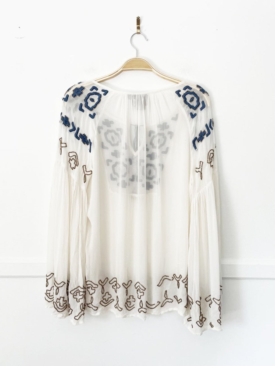 vanessa virginia diem beaded boho sheer flowy peasant top | made in india | anthropologie - good market thrift store