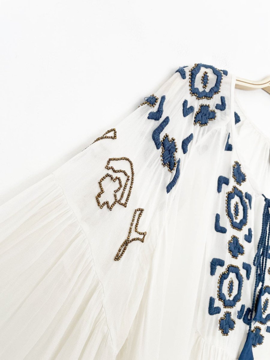 vanessa virginia diem beaded boho sheer flowy peasant top | made in india | anthropologie - good market thrift store