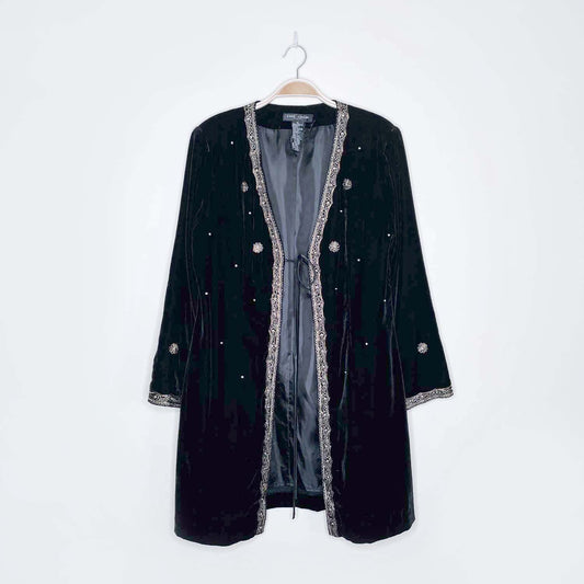 vintage anne carson gold beaded black velvet tie front jacket - size large