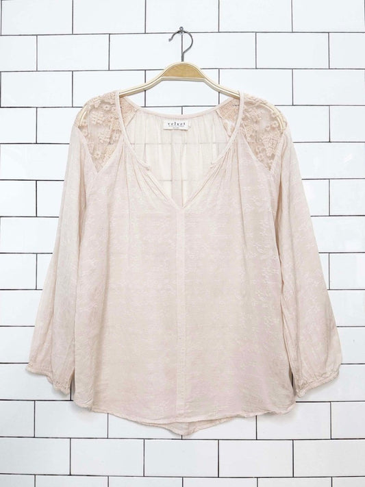 velvet by graham & spencer lace-insert balloon sleeve blouse | made in India | anthropologie - good market thrift store