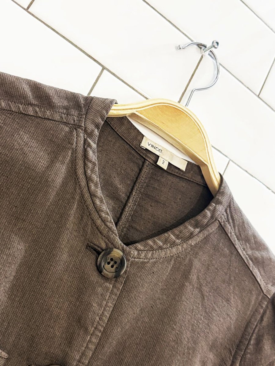 vince linen - blend button elbow patch light jacket | made in USA - good market thrift store