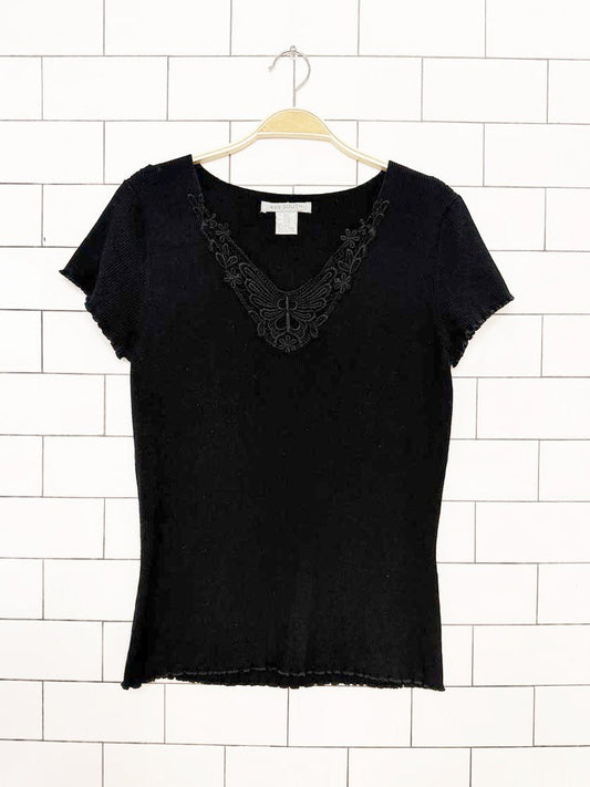 vintage 00s 499 south silk-blend crochet trim curly hem ribbed top - good market thrift store