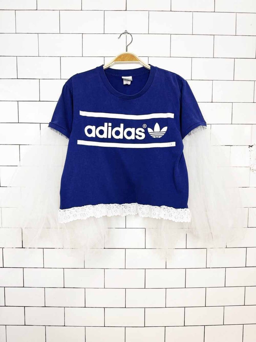 vintage 00s adidas trefoil cropped tee | tulle sleeves + lace hem | rework - good market thrift store