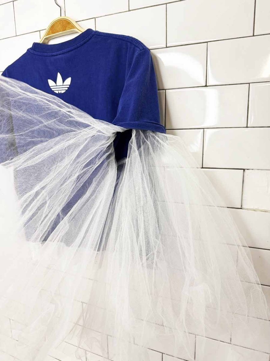 vintage 00s adidas trefoil cropped tee | tulle sleeves + lace hem | rework - good market thrift store