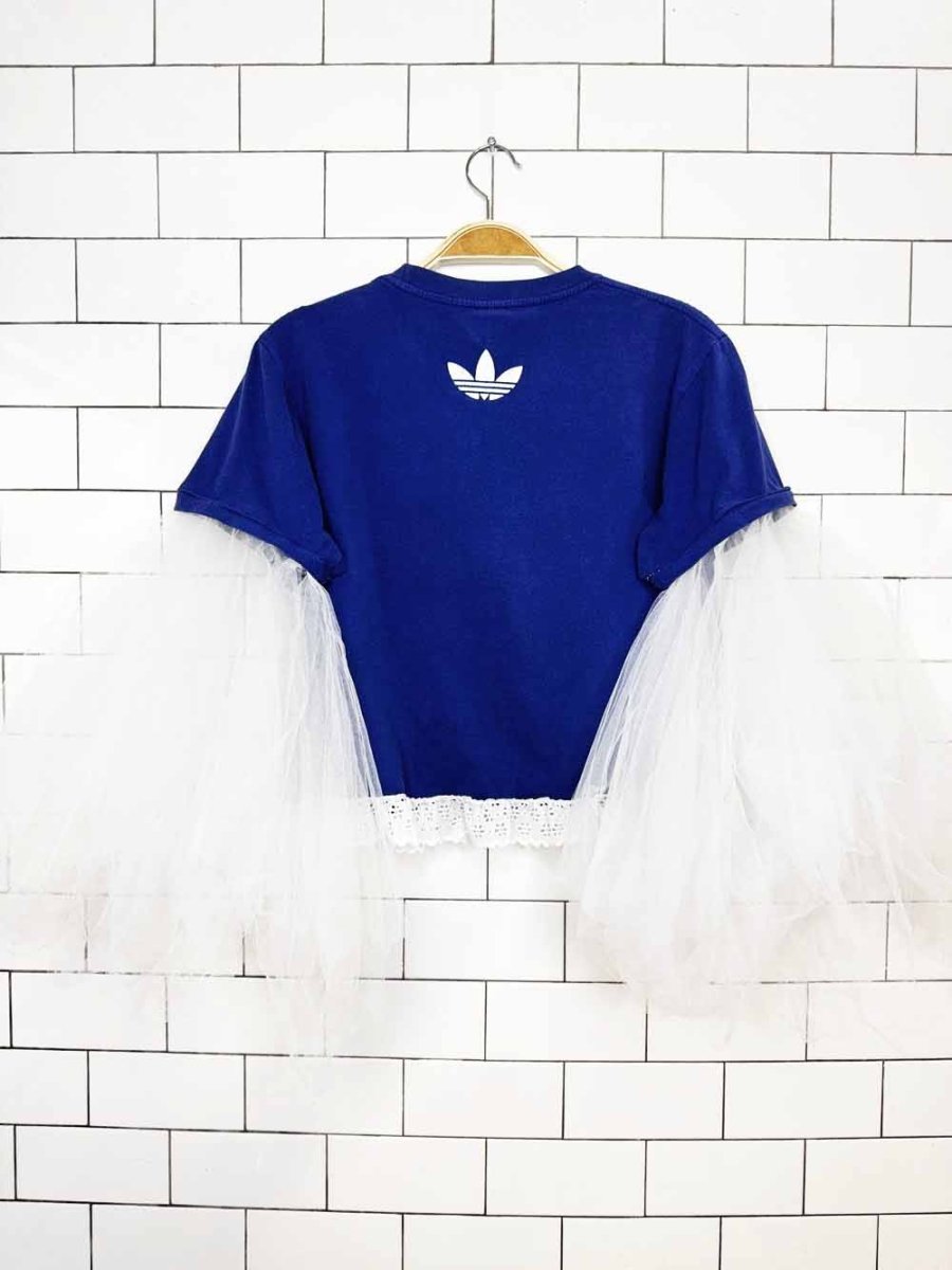 vintage 00s adidas trefoil cropped tee | tulle sleeves + lace hem | rework - good market thrift store