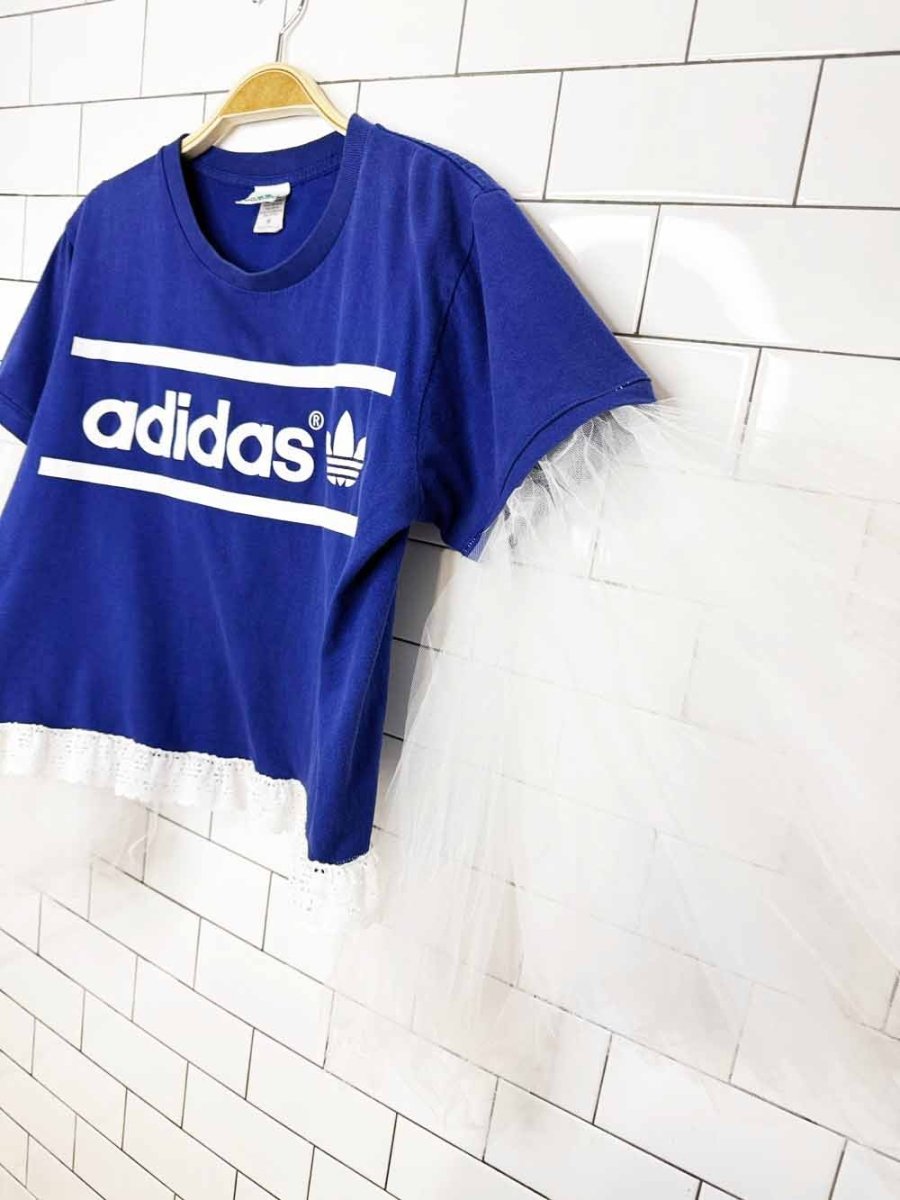 vintage 00s adidas trefoil cropped tee | tulle sleeves + lace hem | rework - good market thrift store