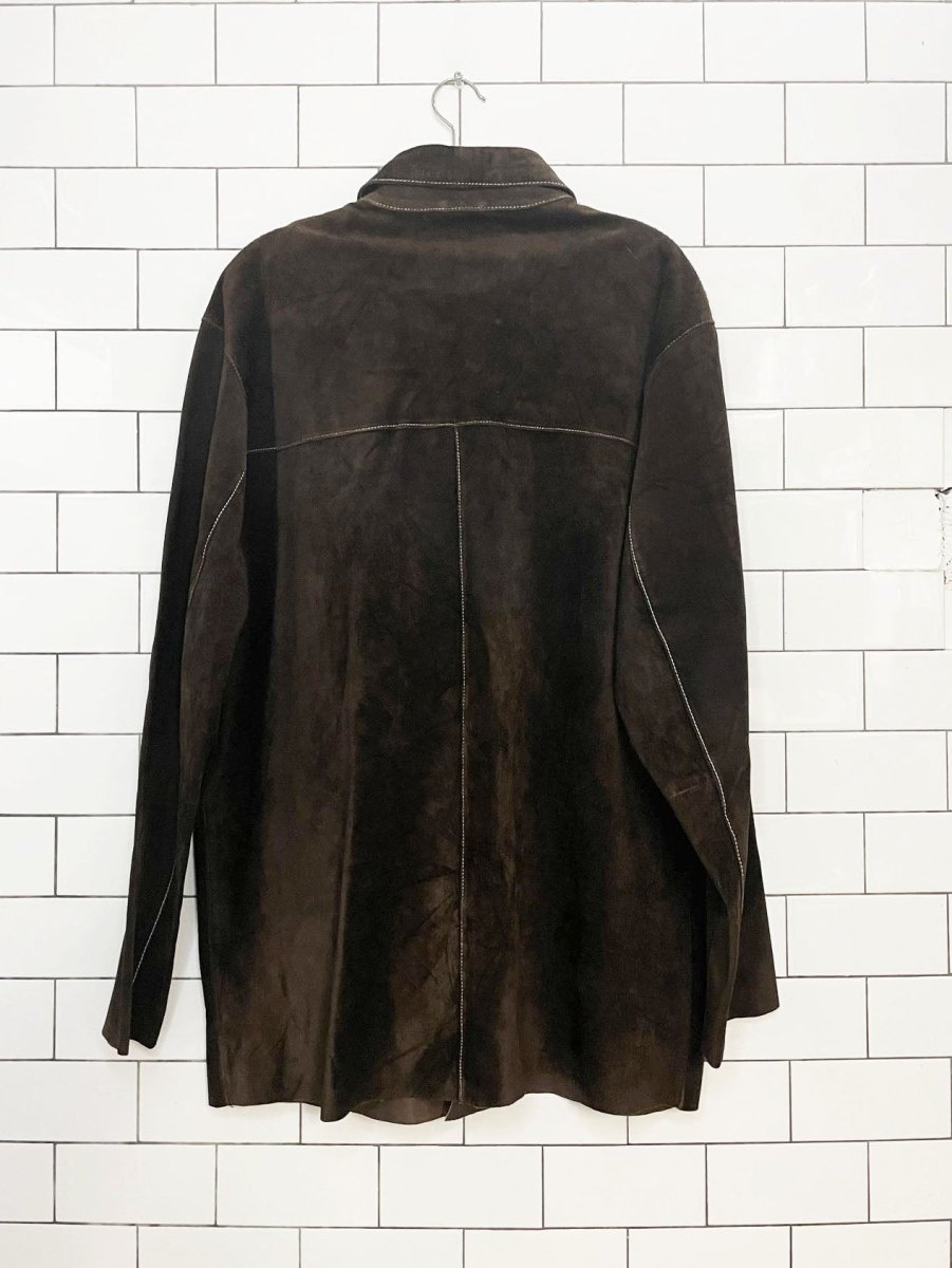 vintage 00s andrew fezza suede contrast stitch long shirt jacket - good market thrift store
