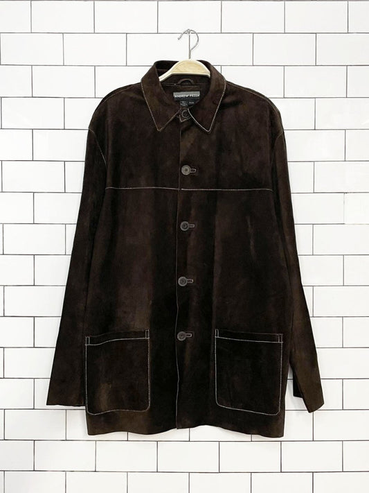 vintage 00s andrew fezza suede contrast stitch long shirt jacket - good market thrift store