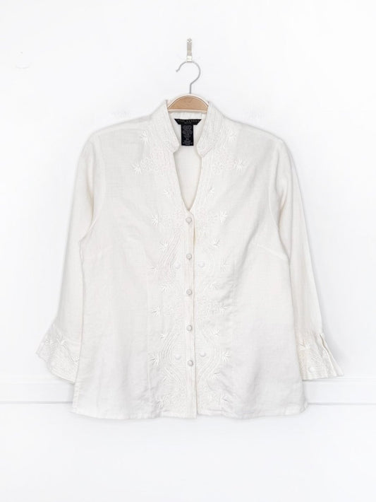 vintage 00s anne carson 100% linen beaded embroidered jacket - good market thrift store