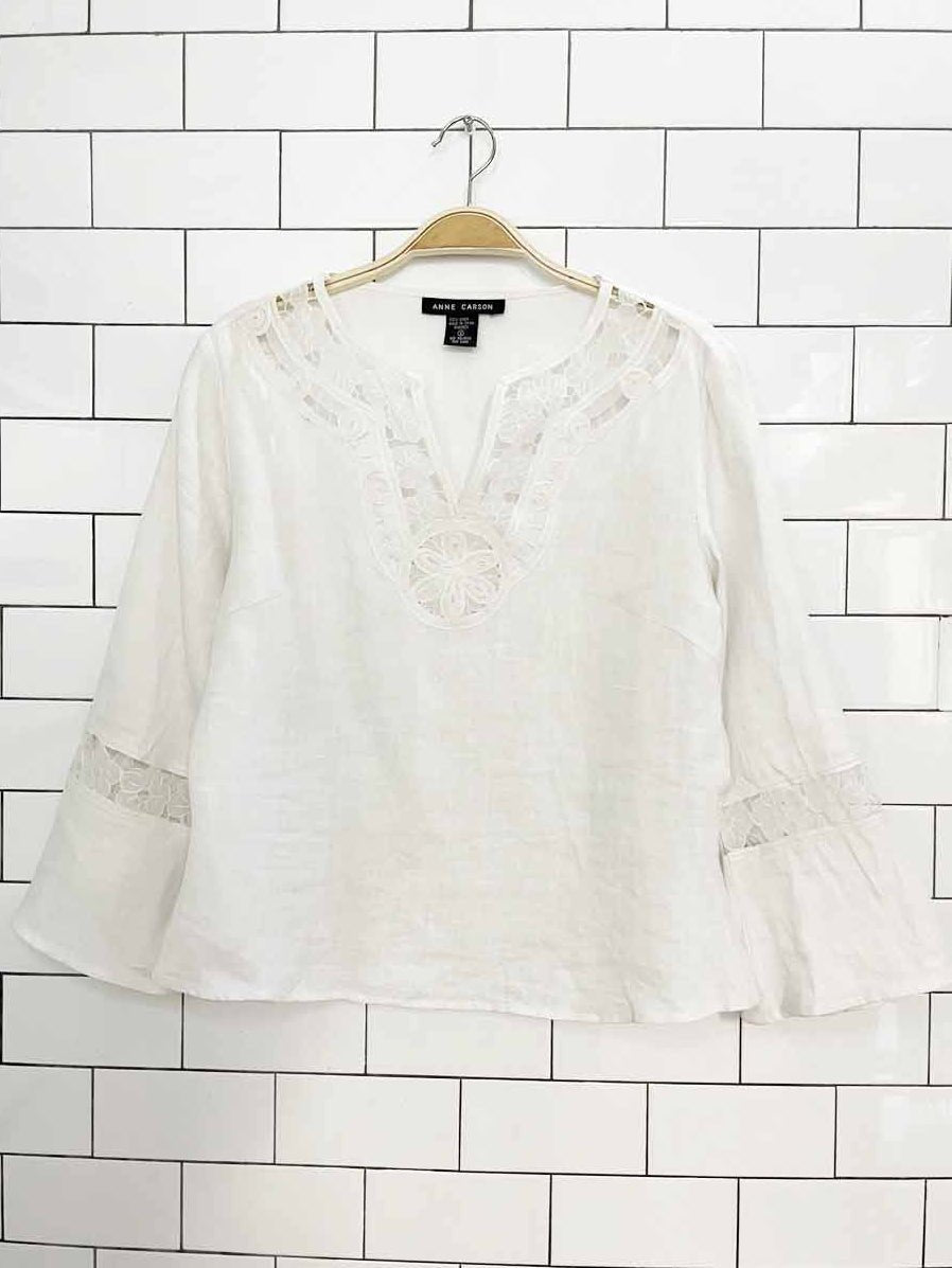 vintage 00s anne carson 100% linen lace trim bell sleeve top - good market thrift store
