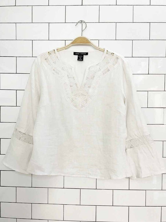 vintage 00s anne carson 100% linen lace trim bell sleeve top - good market thrift store