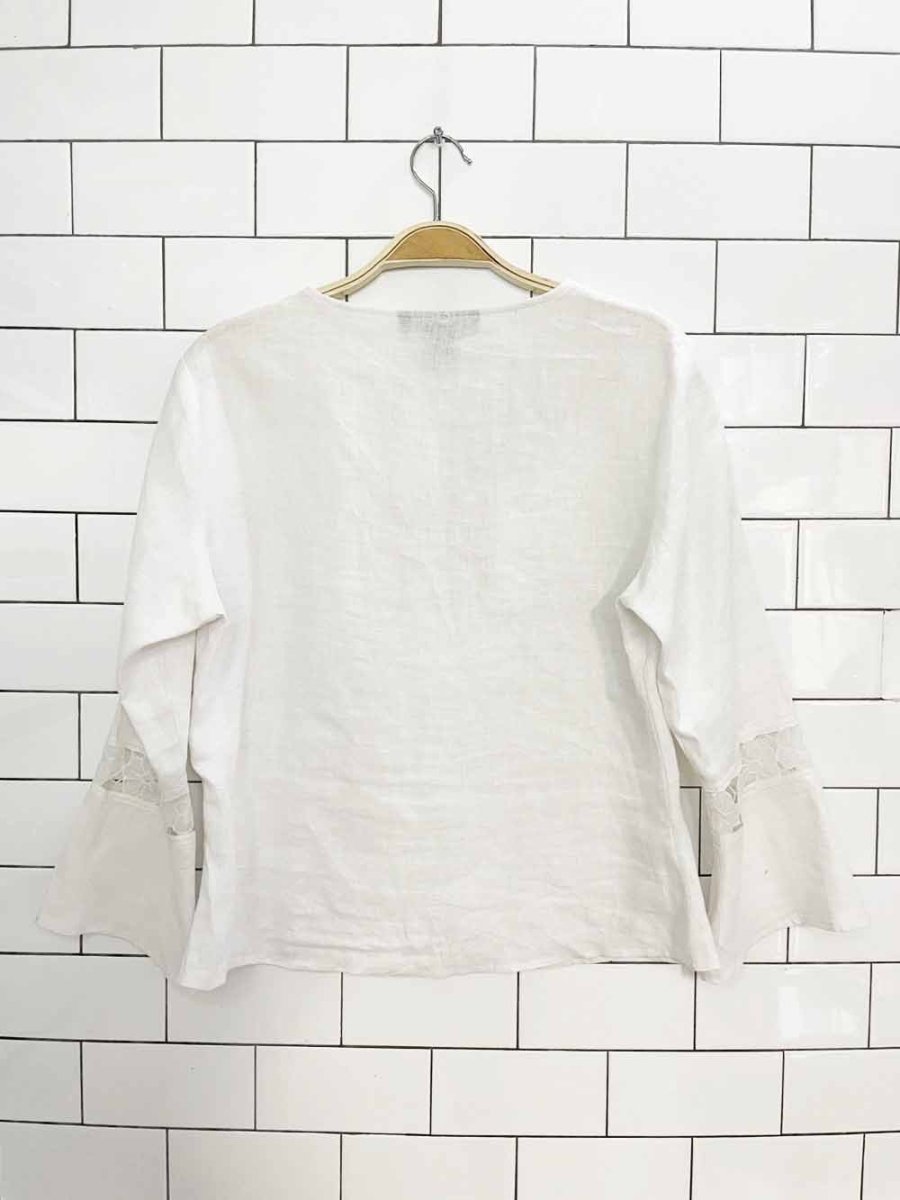 vintage 00s anne carson 100% linen lace trim bell sleeve top - good market thrift store