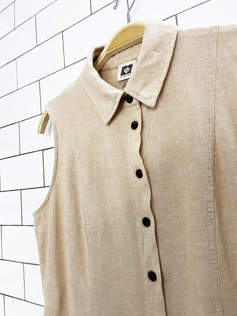 vintage 00s anne klein linen-blend sleeveless full button midi dress - good market thrift store