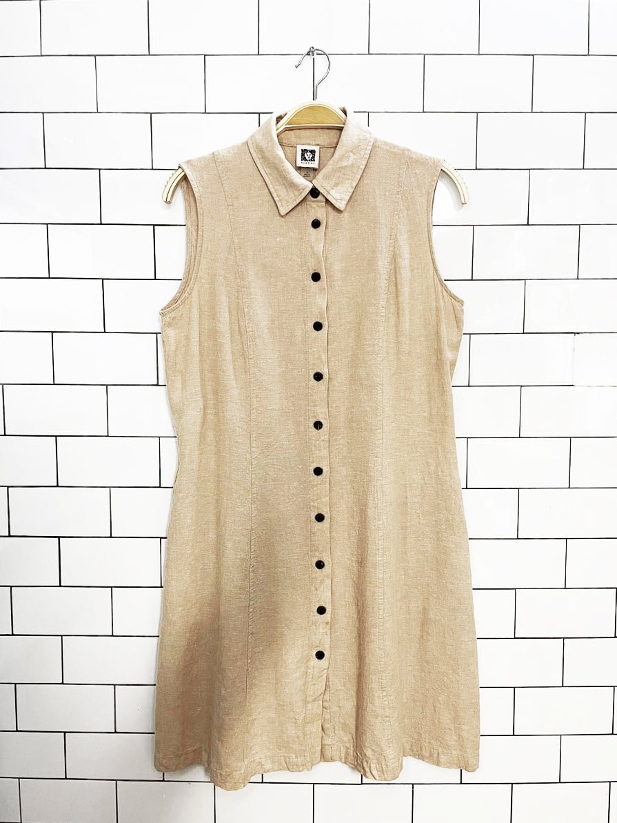vintage 00s anne klein linen-blend sleeveless full button midi dress - good market thrift store
