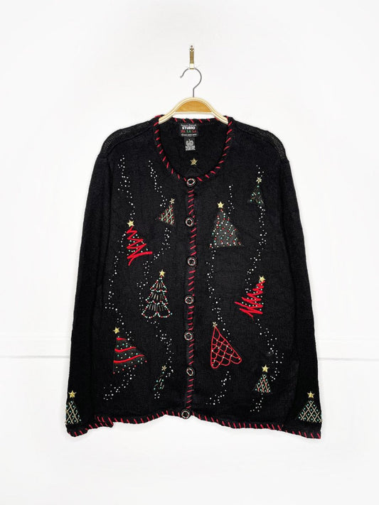 vintage 00s beaded christmas trees knit cardigan | designers originals studio - good market thrift store