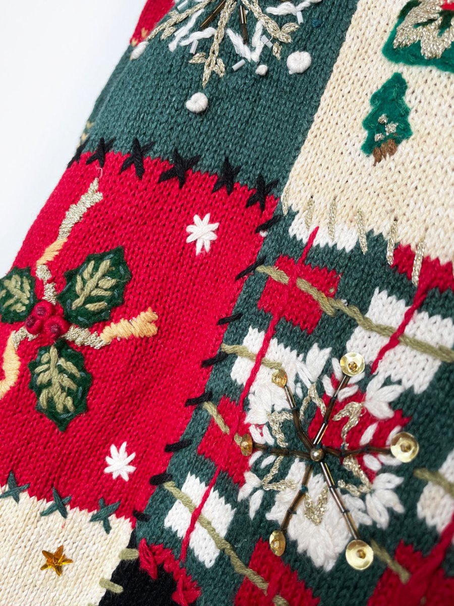 vintage 00s blanket stitch holiday patchwork knit cardigan | heirloom collectibles - good market thrift store