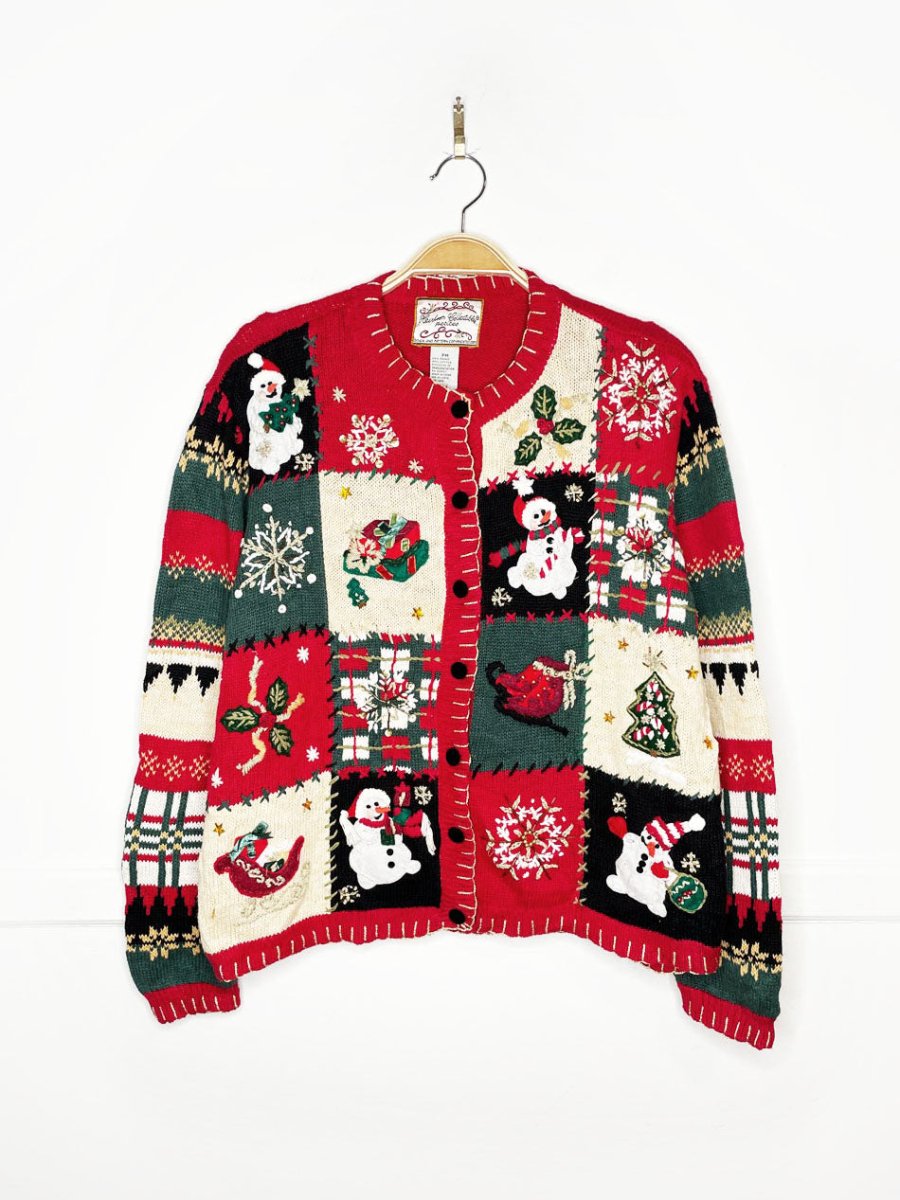 vintage 00s blanket stitch holiday patchwork knit cardigan | heirloom collectibles - good market thrift store