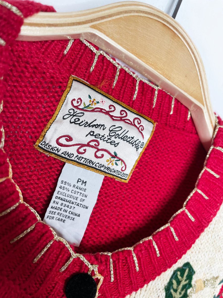 vintage 00s blanket stitch holiday patchwork knit cardigan | heirloom collectibles - good market thrift store