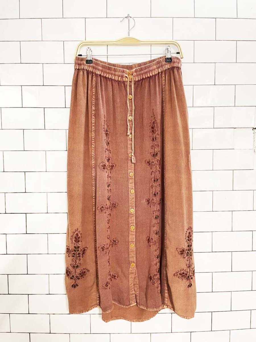 vintage 00s boho embroidered panelled full button midi skirt - good market thrift store