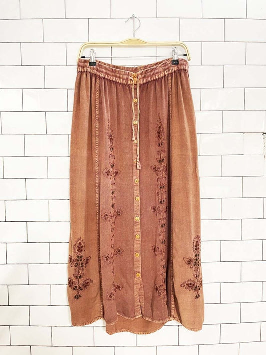 vintage 00s boho embroidered panelled full button midi skirt - good market thrift store