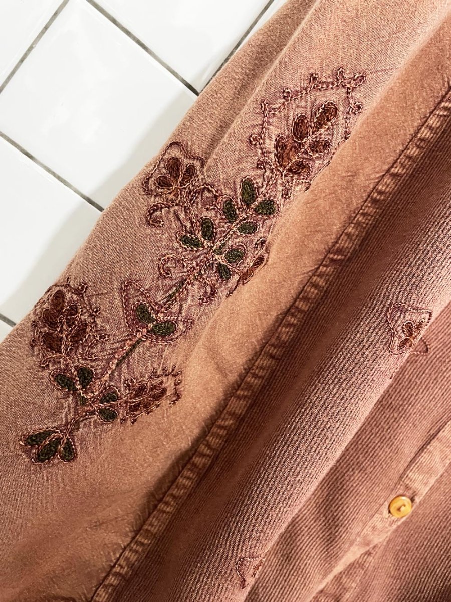 vintage 00s boho embroidered panelled full button midi skirt - good market thrift store