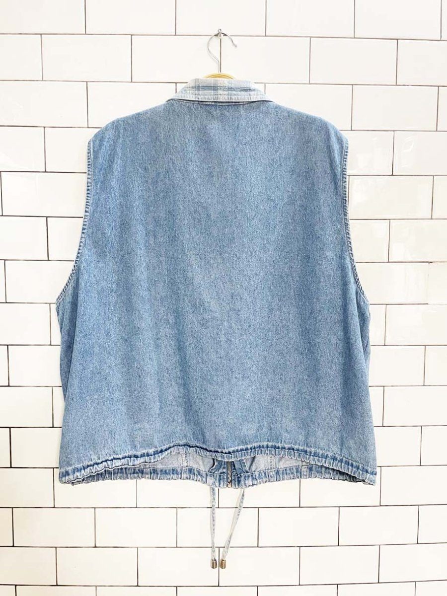 vintage 00s capacity plaid collar denim full zip vest top - good market thrift store