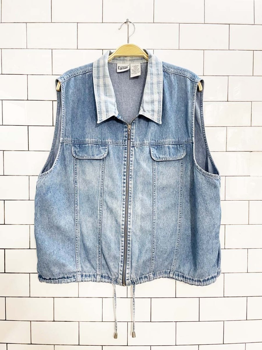 vintage 00s capacity plaid collar denim full zip vest top - good market thrift store