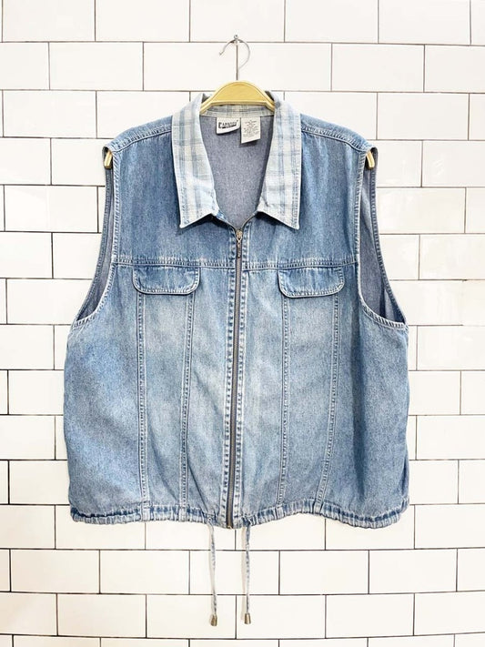 vintage 00s capacity plaid collar denim full zip vest top - good market thrift store