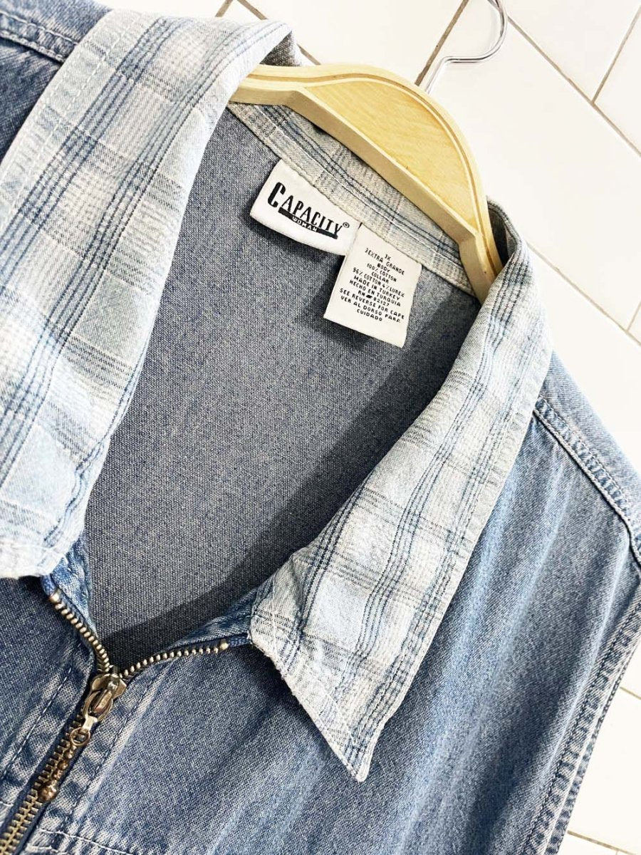 vintage 00s capacity plaid collar denim full zip vest top - good market thrift store