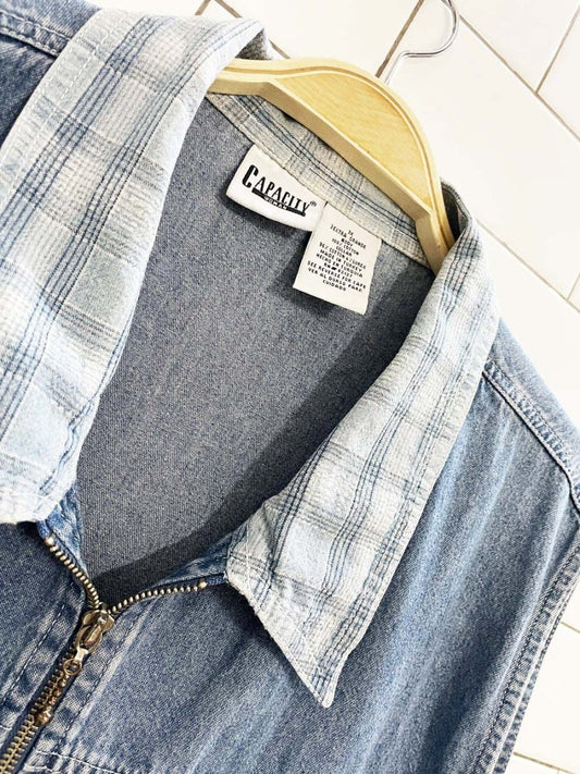 vintage 00s capacity plaid collar denim full zip vest top - good market thrift store