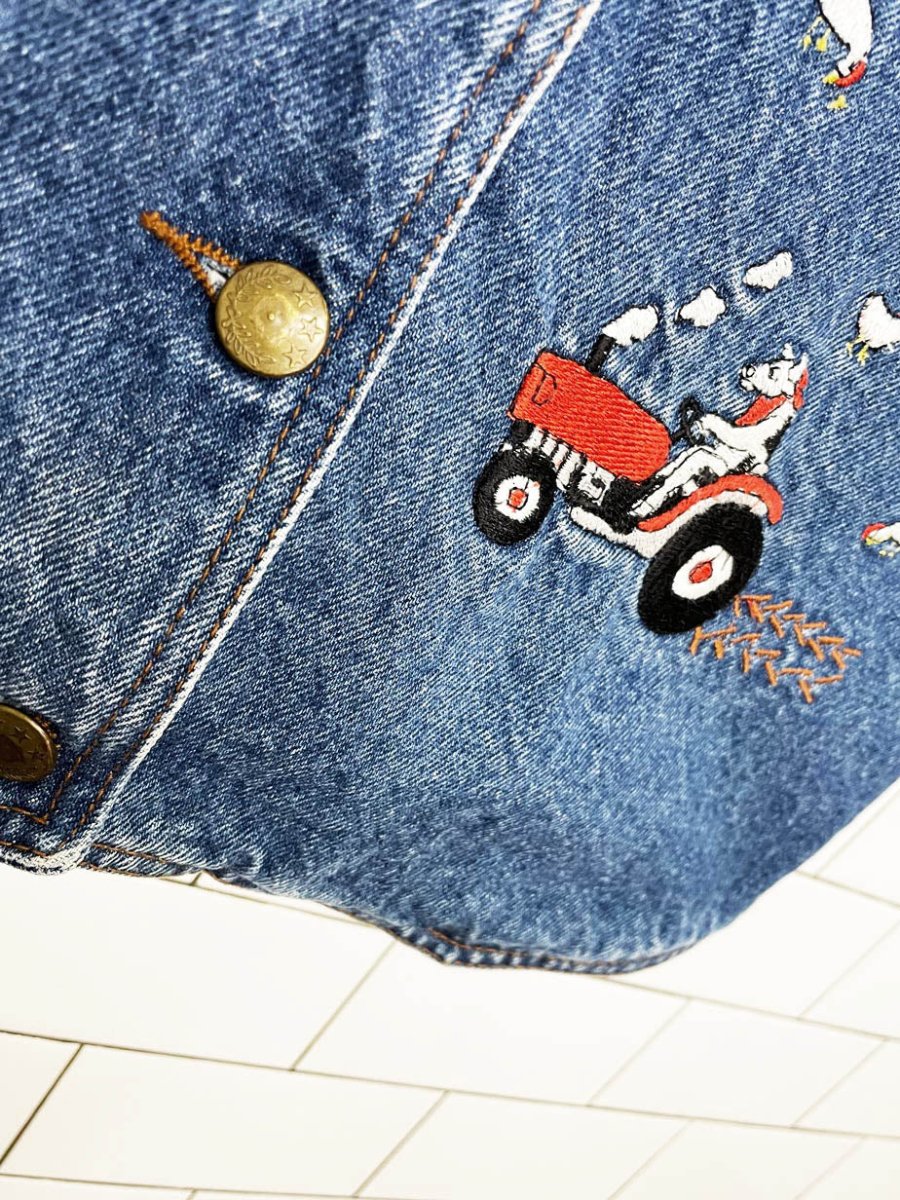 vintage 00s casey coleman embroidered farm denim vest - good market thrift store