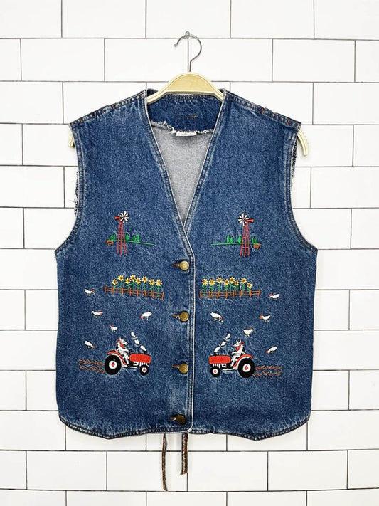vintage 00s casey coleman embroidered farm denim vest - good market thrift store