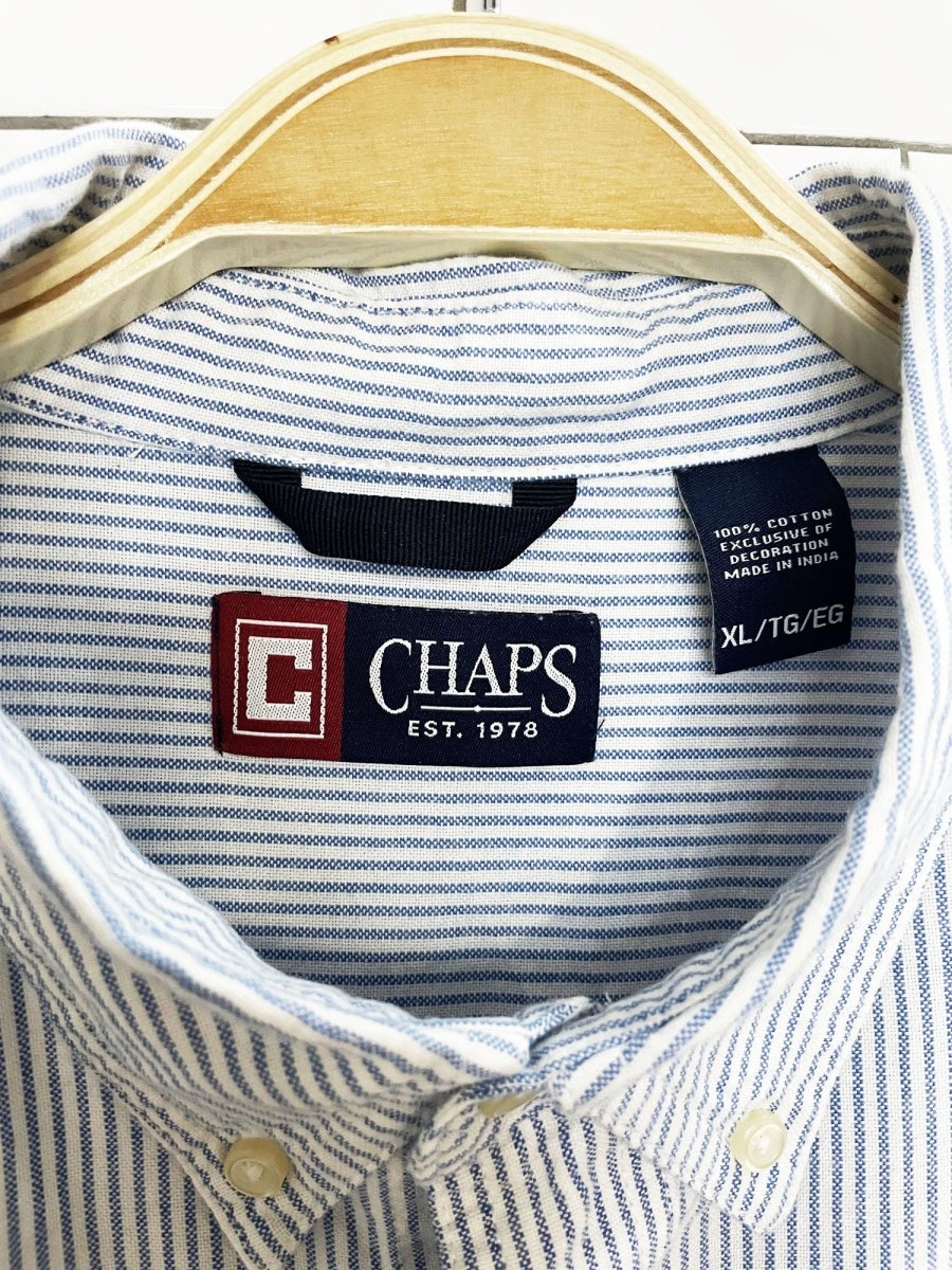 vintage 00s chaps blue stripe full button crest pocket shirt - good market thrift store