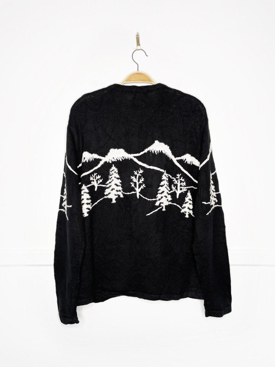 vintage 00s christopher & banks hand - embroidered mountain scene knit cardigan - good market thrift store