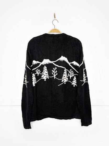 vintage 00s christopher & banks hand - embroidered mountain scene knit cardigan - good market thrift store
