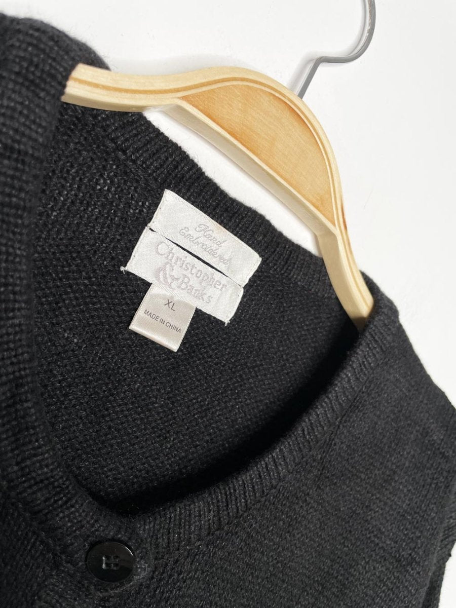 vintage 00s christopher & banks hand - embroidered mountain scene knit cardigan - good market thrift store