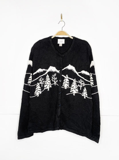 vintage 00s christopher & banks hand - embroidered mountain scene knit cardigan - good market thrift store