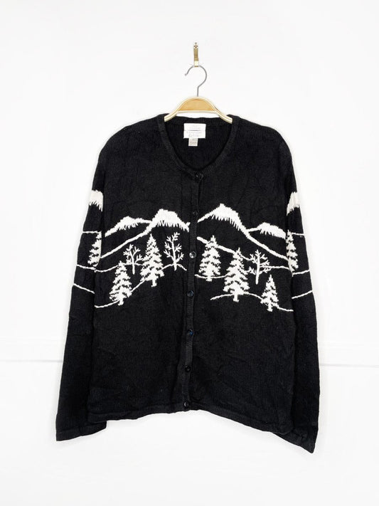 vintage 00s christopher & banks hand - embroidered mountain scene knit cardigan - good market thrift store