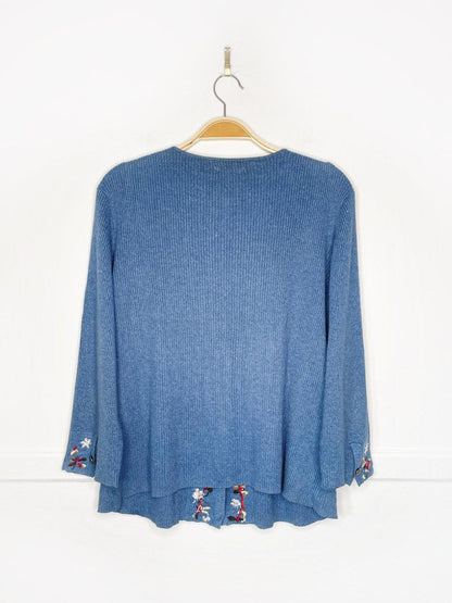 vintage 00s christopher & banks hand - embroidered snowflakes + holly rib knit cardigan top - good market thrift store