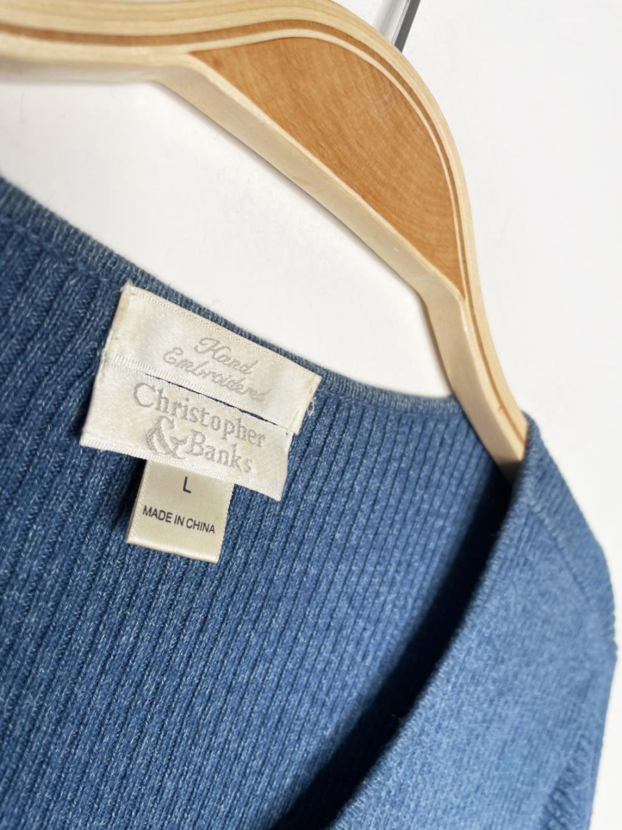 vintage 00s christopher & banks hand - embroidered snowflakes + holly rib knit cardigan top - good market thrift store