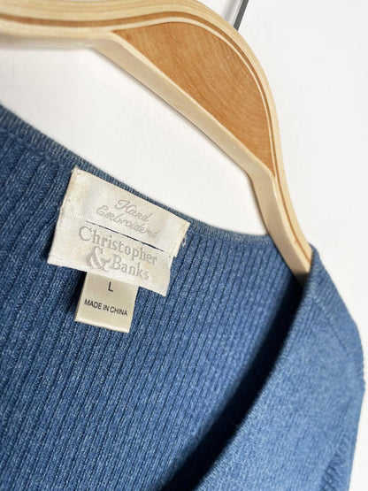 vintage 00s christopher & banks hand - embroidered snowflakes + holly rib knit cardigan top - good market thrift store