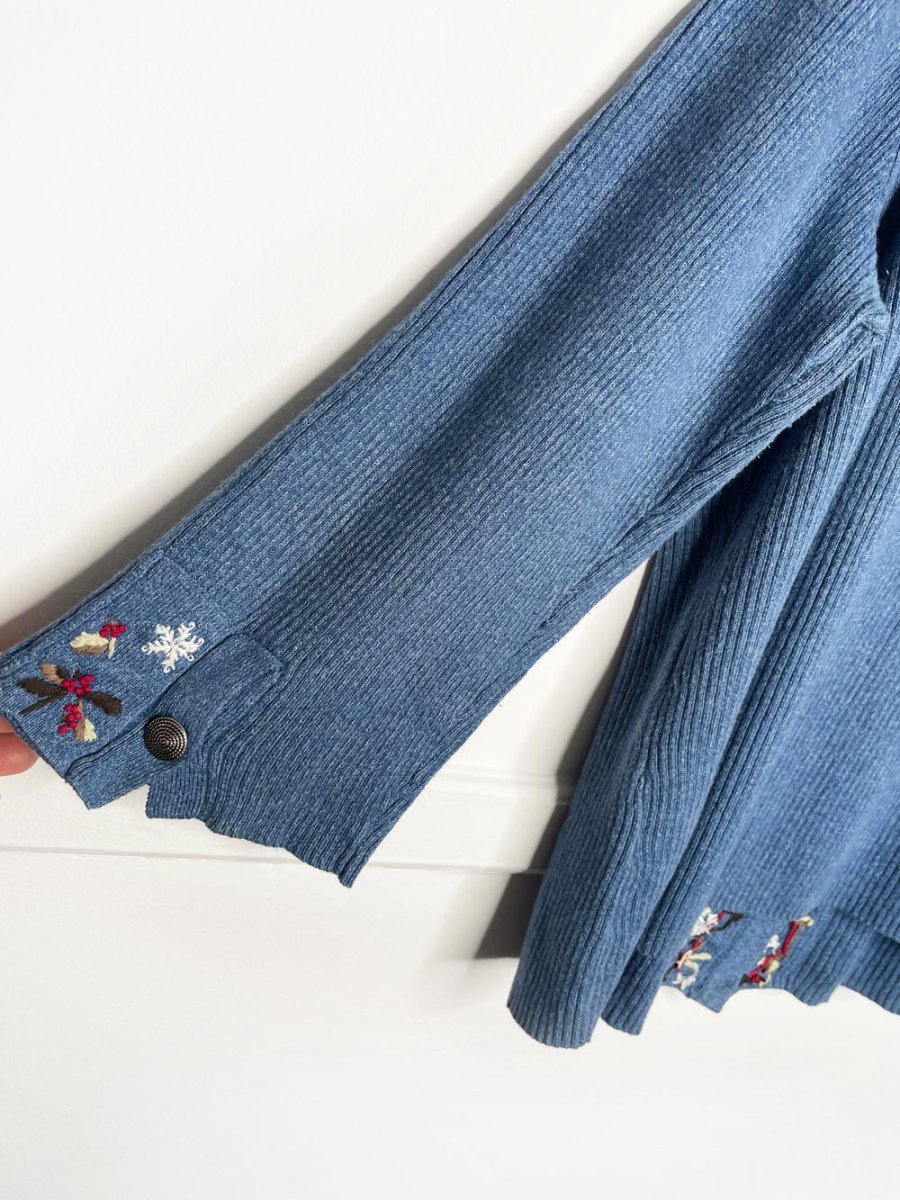 vintage 00s christopher & banks hand - embroidered snowflakes + holly rib knit cardigan top - good market thrift store