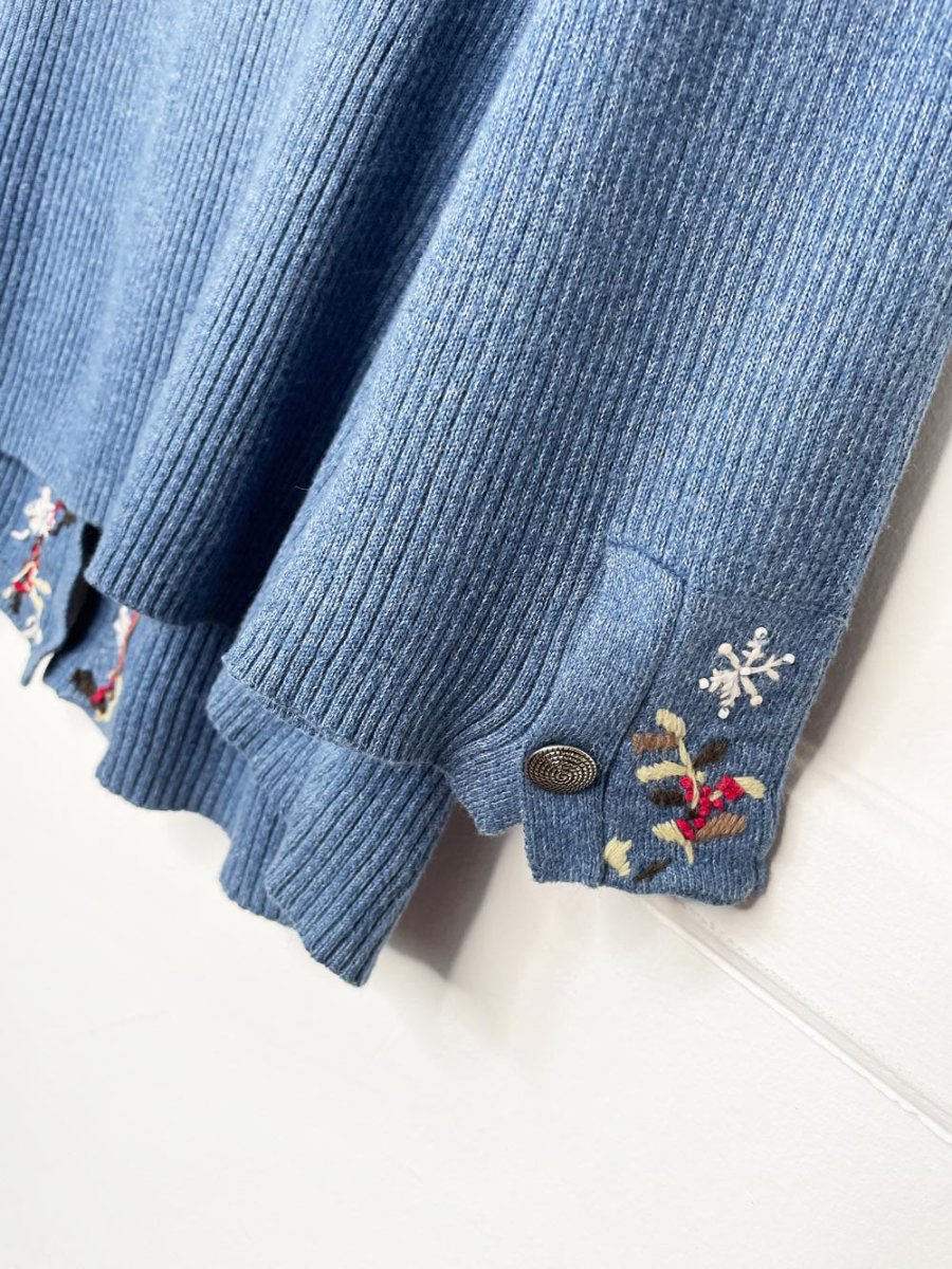 vintage 00s christopher & banks hand - embroidered snowflakes + holly rib knit cardigan top - good market thrift store