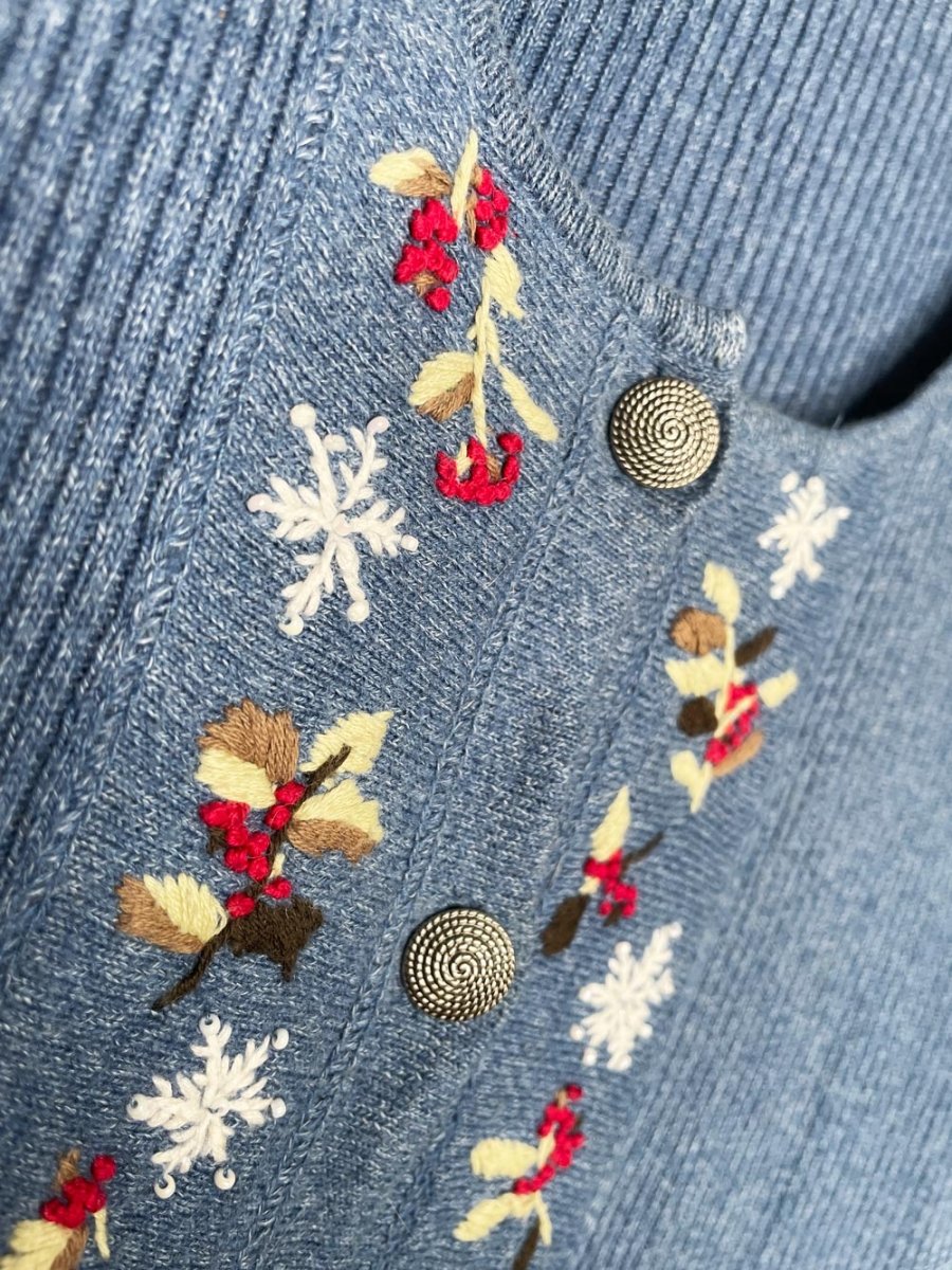 vintage 00s christopher & banks hand - embroidered snowflakes + holly rib knit cardigan top - good market thrift store