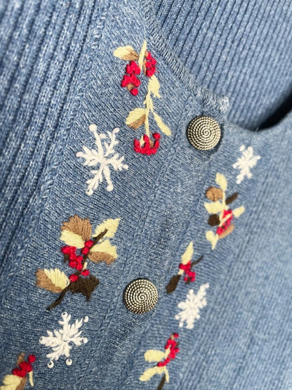 vintage 00s christopher & banks hand - embroidered snowflakes + holly rib knit cardigan top - good market thrift store
