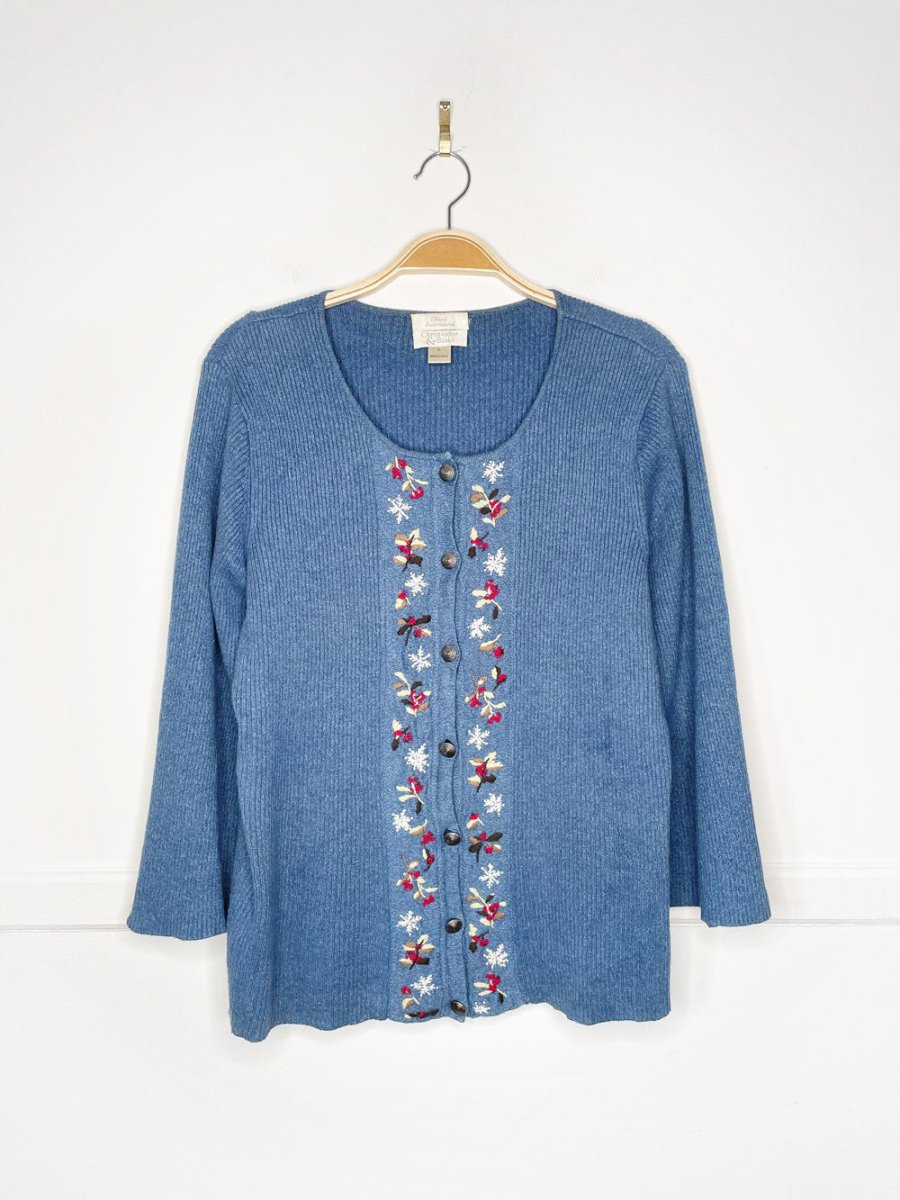vintage 00s christopher & banks hand - embroidered snowflakes + holly rib knit cardigan top - good market thrift store