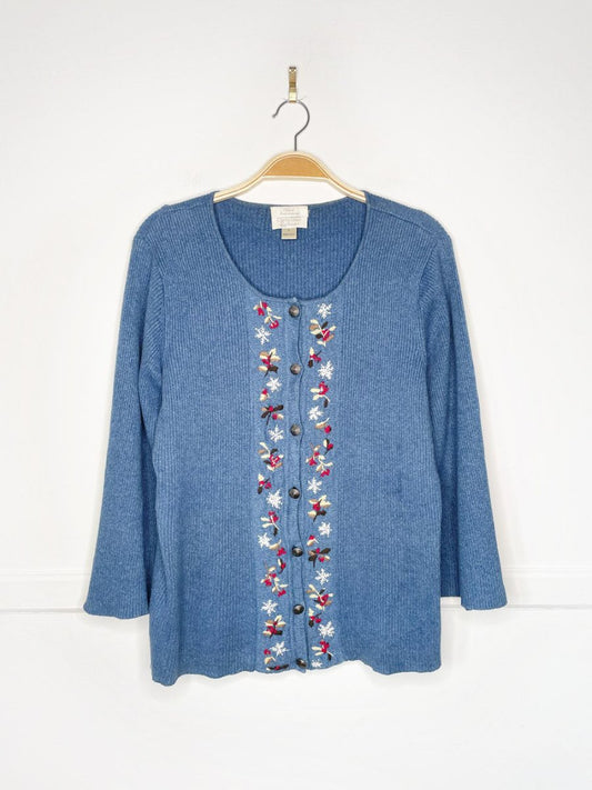 vintage 00s christopher & banks hand - embroidered snowflakes + holly rib knit cardigan top - good market thrift store