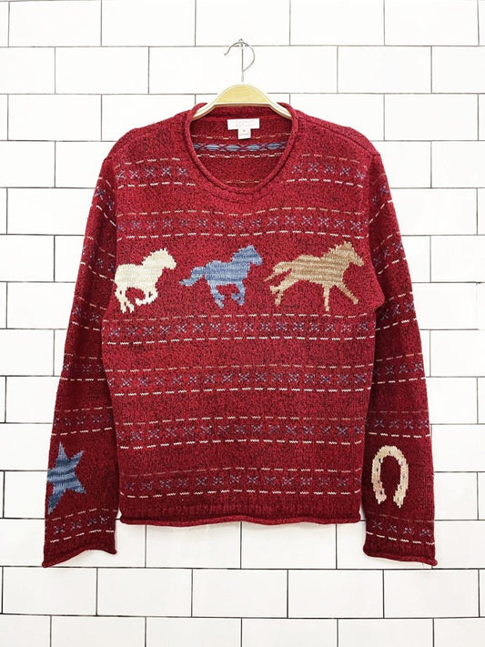 vintage 00s christopher & banks ramie-blend horses boxy knit sweater - good market thrift store