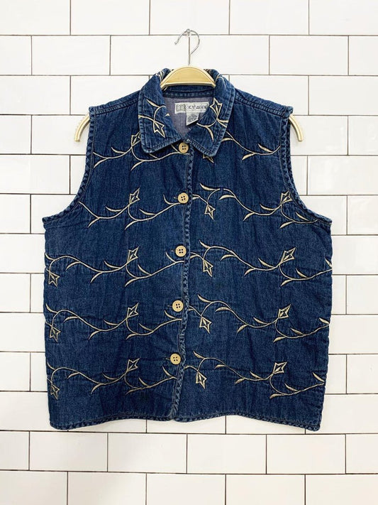 vintage 00s chrysantheme quilted embroidered denim vest - good market thrift store